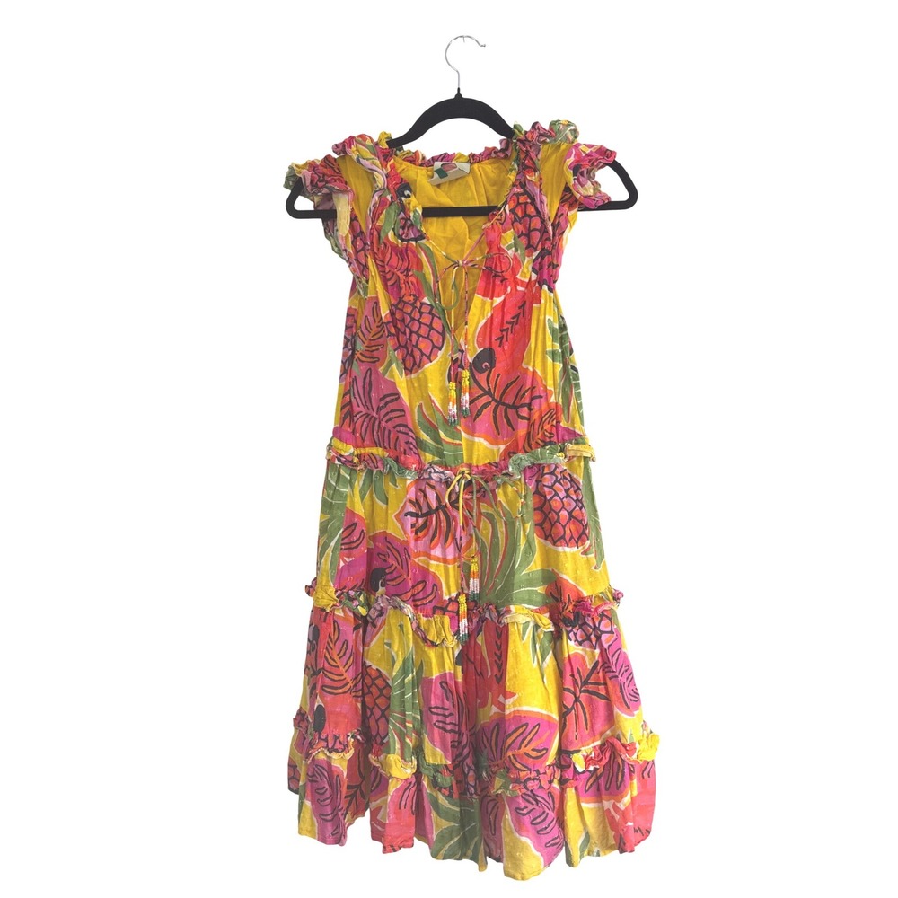 Farm Rio Pineapple Ruffle Mini Dress Yellow Multi Tropical Fruit Print Small